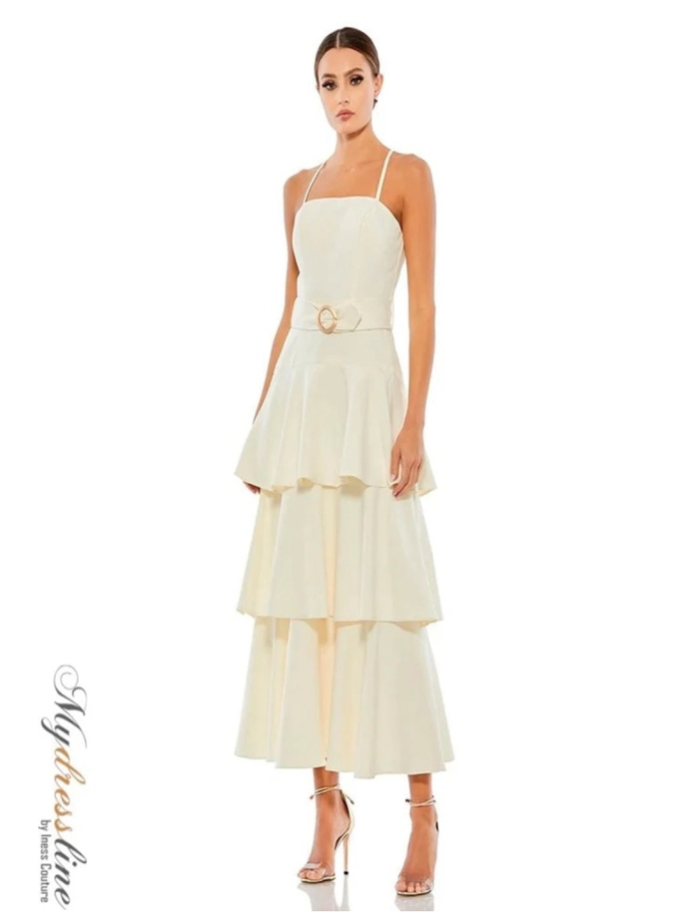 Women's Mac Duggal Midi Dress Size 2 ivory White with Gold Belt